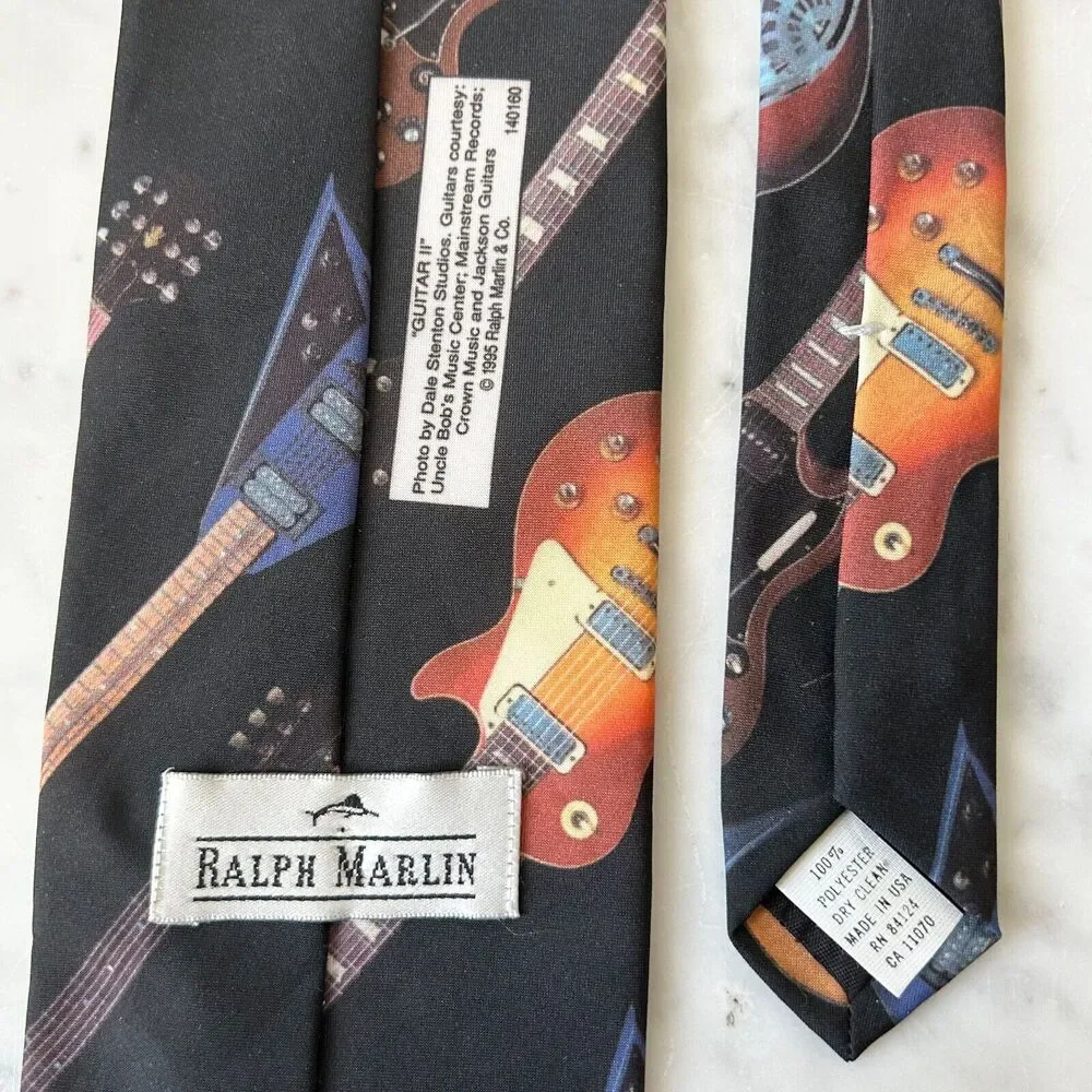 Ralph Marlin Guitar II Men's Neck Tie Vintage Electric Acoustic Guitars Music